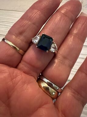 Sparkly Lab Created Sapphire n Simulated Diamond .925 Silver Ring